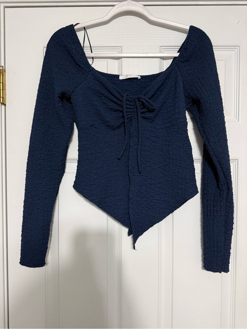 Women's Navy Long-Sleeve Tie-Front Textured Top
